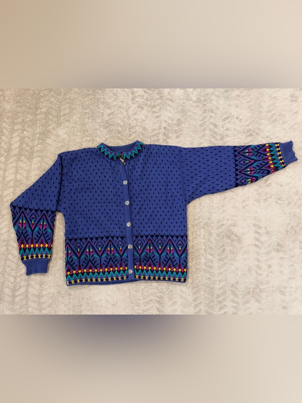 Dale of Norway Blue Geometric Knit Button Vintage Nordic Wool Cardigan Sweater L